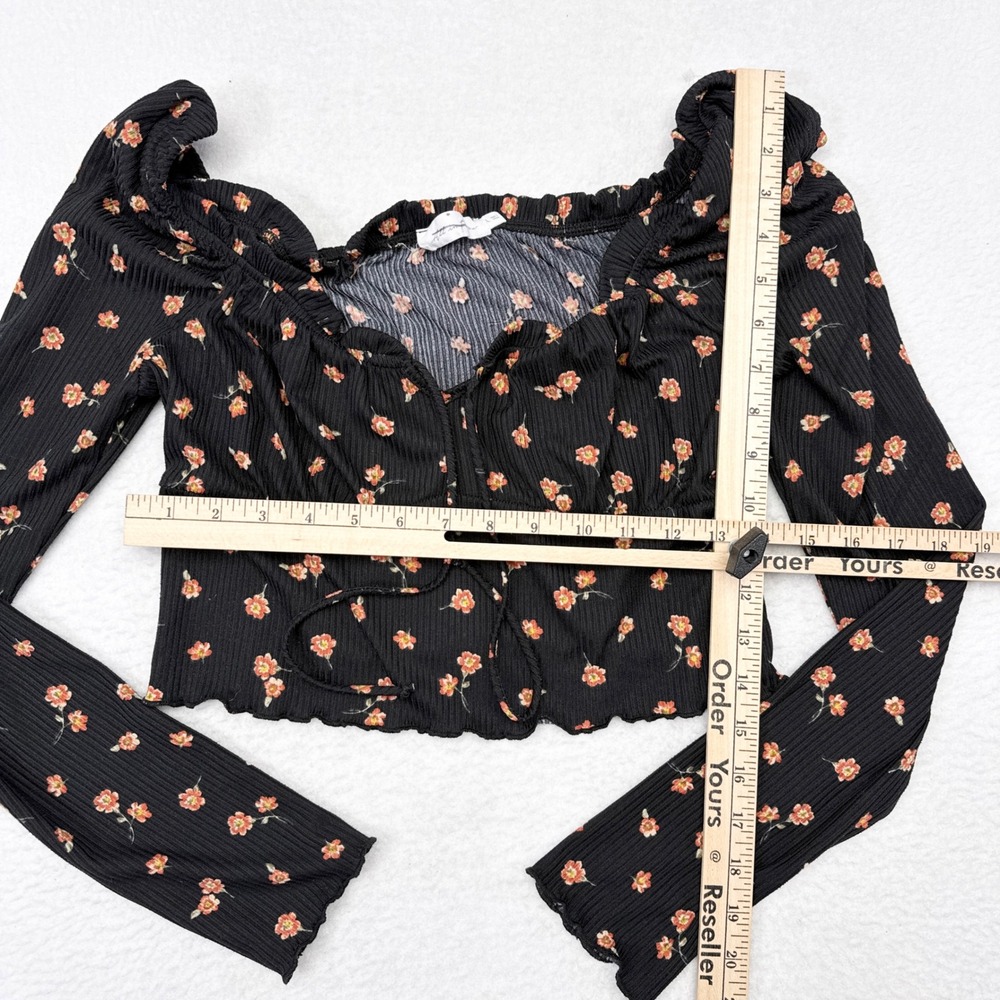 All in Favor Top Womens Size Large Black Floral Babydoll Y2K Cropped Long Sleeve - Picture 6 of 6